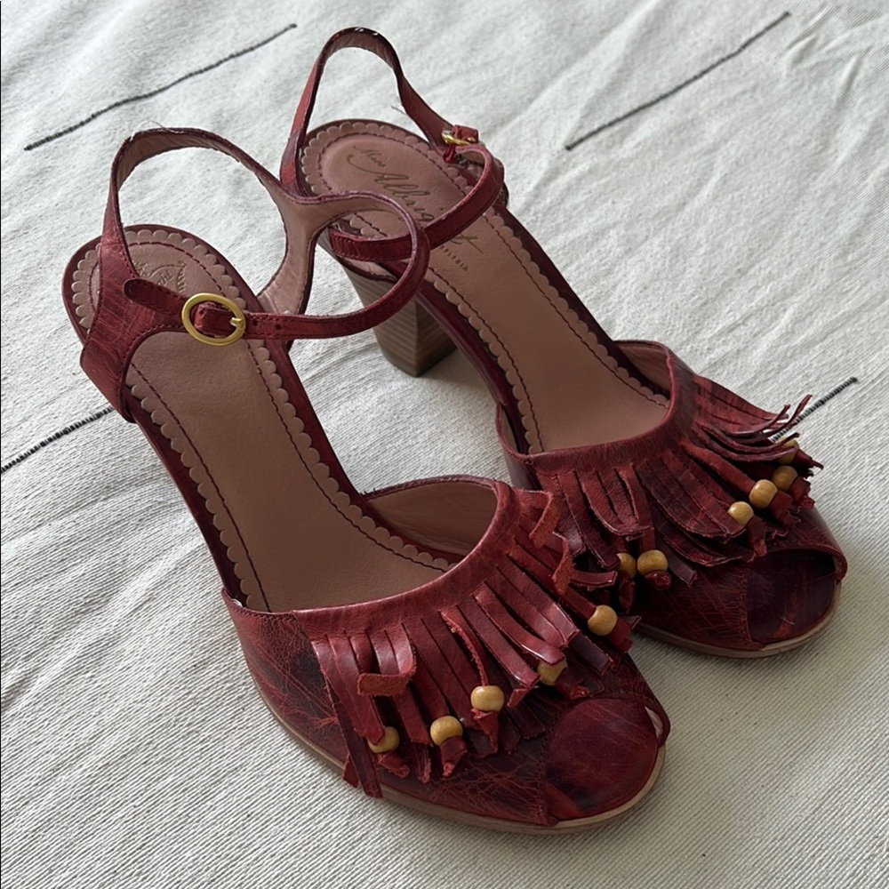 Red Leather Fringe Beaded Block Heel Sandals Size 7